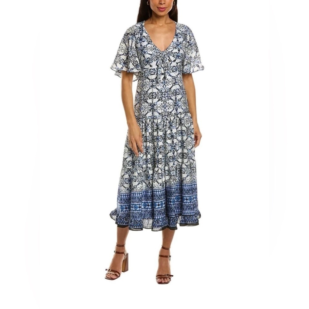 TAYLOR Blue White Jacquard Print Flutter Sleeve Dress 6 NWT